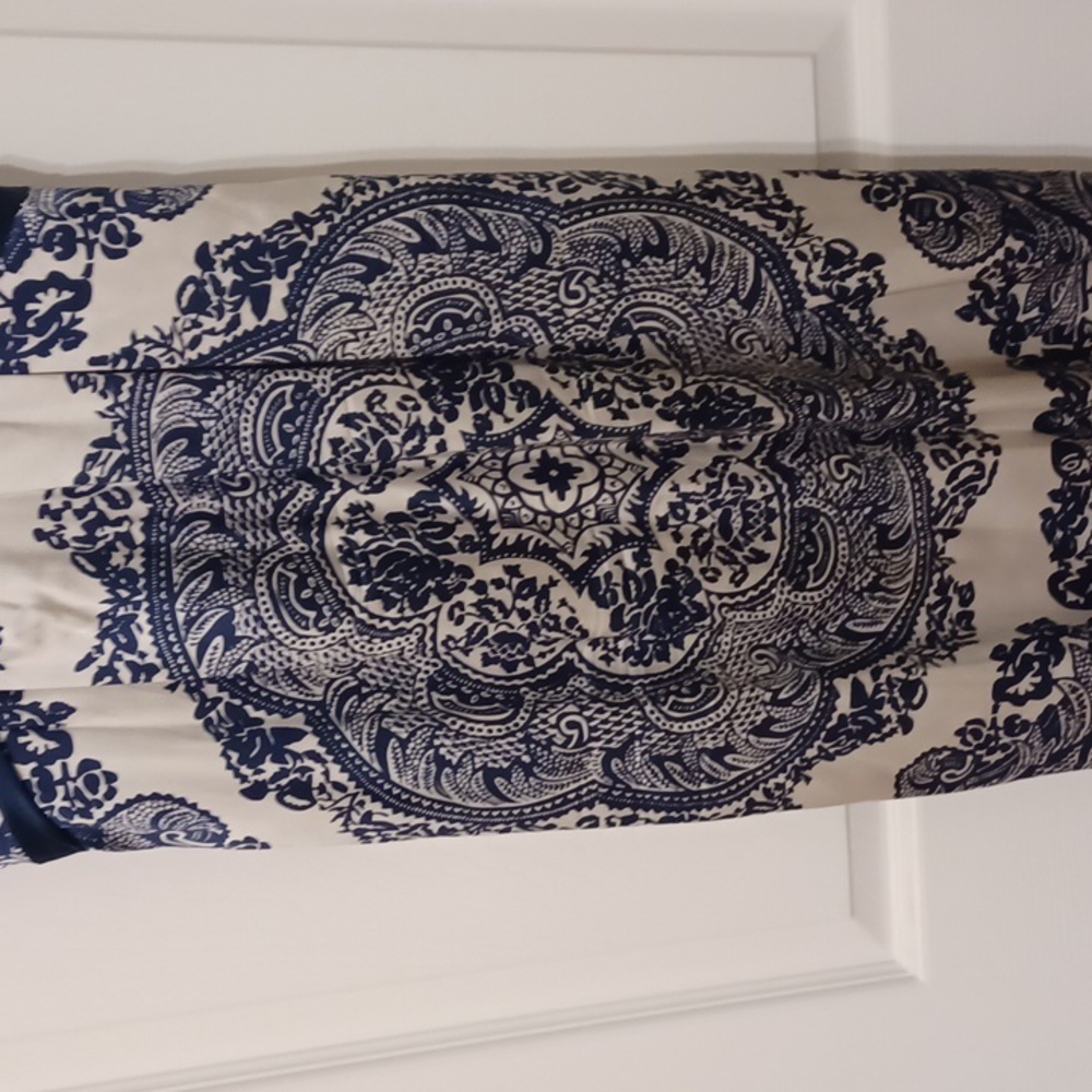 E C I sz 14 Silk, Asian Flare, Navy and Cream Midi Dress. Luxury, Wedding Guest. - Picture 4 of 11
